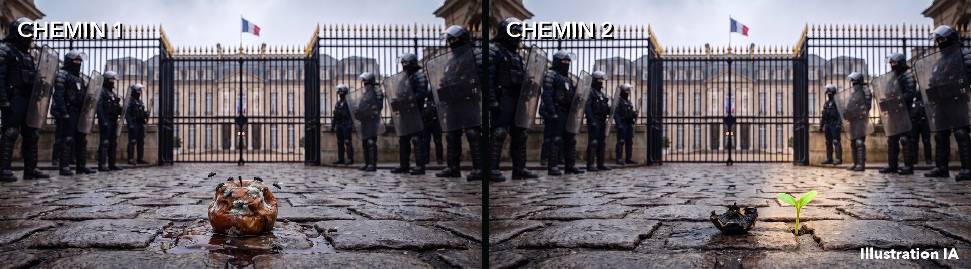 Illustration IA : à gauche la pomme pourrie devant les grilles de l'Élysée, à droite une jeune pousse verte qui sort entre les pavés