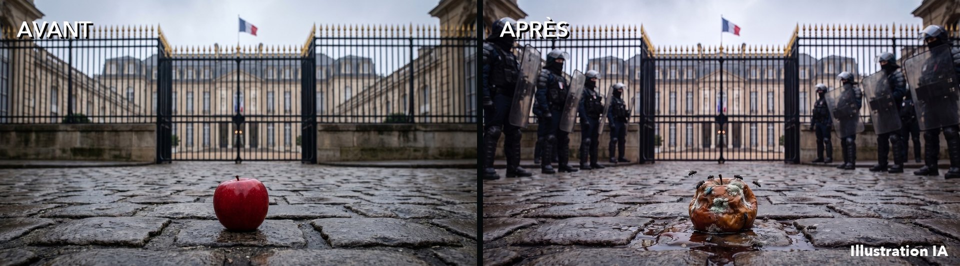 Illustration IA : une pomme saine devant les grilles fermées de l'Élysée, puis la même pomme pourrie, entourée de CRS casqués